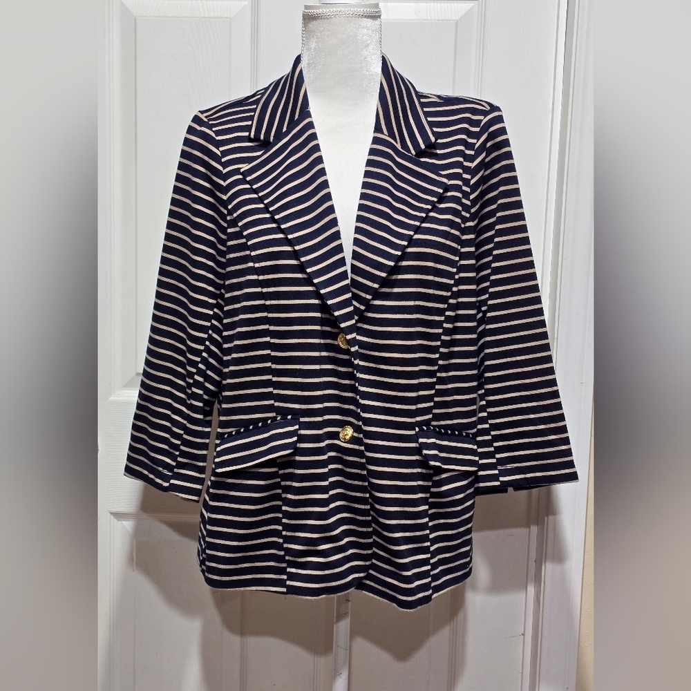 Joan Rivers Tan & Navy Blue Striped Ponte Knit Blazer Jacket